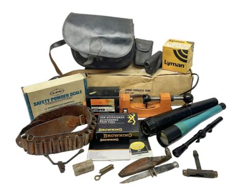 Lyman Power Universal Trimmer; Lee Safety Powder Scale; both boxed; two monoculars; both cased; telescopic sight; leather car