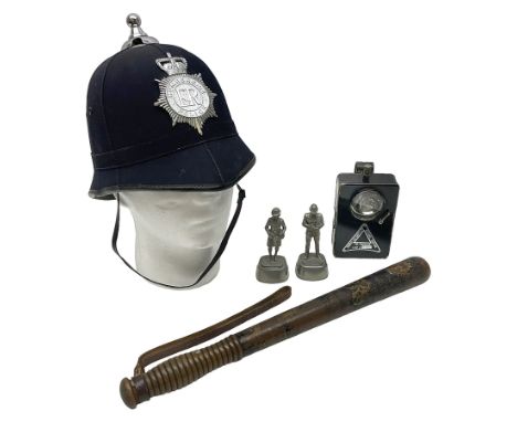 Police - Victorian turned hardwood truncheon with traces of decoration and VR cypher L42cm; Humberside Police helmet with Que