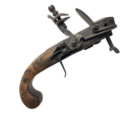 Late 18th/early 19th century flintlock tinder lighter, the steel box lock with hinged door to the left side, elm butt with pl