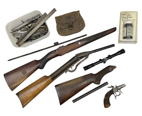 Assorted rifle and pistol spares; early Gem air rifle with sawn off barrel (piece present); telescopic sight; canvas/leather 