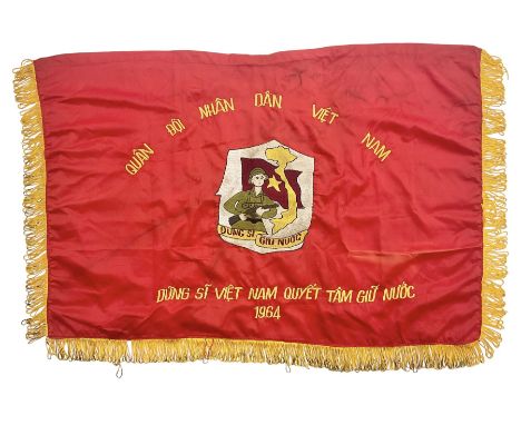 1960s North Vietnam banner embroidered in yellow thread on a red ground, roughly translates as 'Peoples Army of Viet Nam. War
