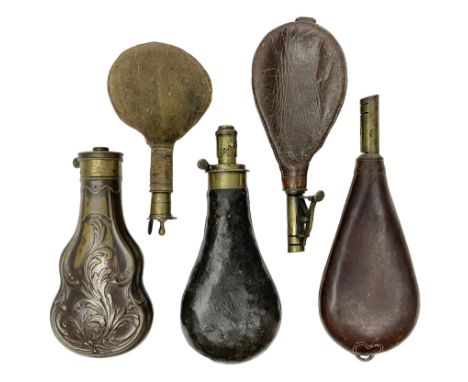 Two powder flasks - one leather covered by James Dixon and the other scroll embossed copper by Hawksley; together with three 