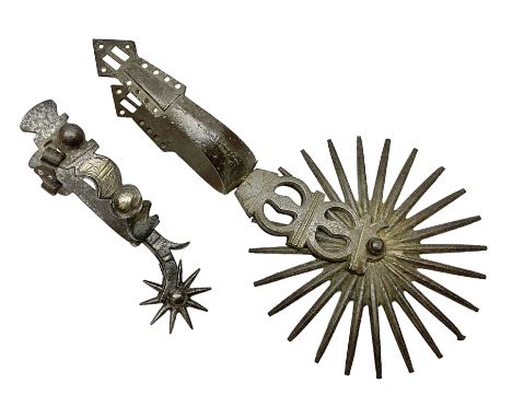 Single South American gaucho steel spur with large 15cm diameter twenty-four spike heel rowel L30cm; and another similar smal