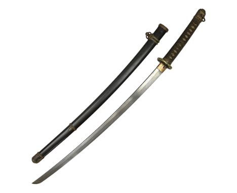 WW2 Japanese Army officer's shin gunto/katana sword with 68.5cm steel single edged blade, foliate cast brass tsuba, bound fis