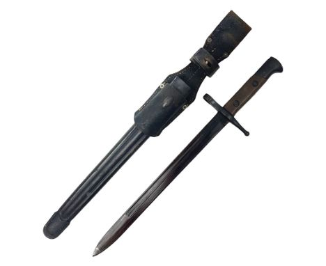 WW2 Italian Model 1891 bayonet with 30cm fullered blade; cross-piece marked PS 1941; in associated leather covered scabbard w