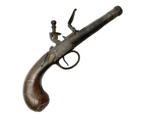 Late 18th/early 19th century 54-bore flintlock pistol by T. Archer with 6.5cm(2.5") screw off cannon barrel, silver wire inla