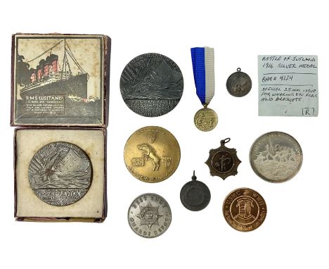 RMS Lusitania iron medallion dated 5th May, 5.5cm diameter, boxed with St Dunstan's Blinded Soldiers Profit paperwork; anothe