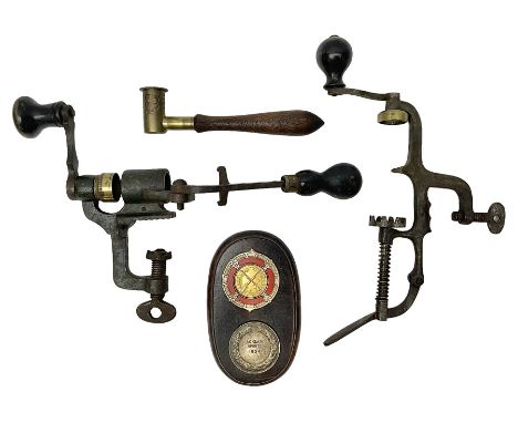 Two cartridge making roll turn over tools; brass shot/powder measure with turned oak handle; and 1954 shooting presentation s
