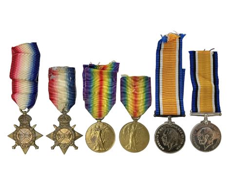 Two WW1 trios of naval medals each comprising  British War Medal, Victory Medal and 1914-15 Star awarded to J.5483 R. Guy A.B