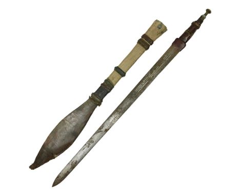 African Mandingo sword, the 75cm triple fullered blade with leather covered grip and brass pommel, in part leather covered sc