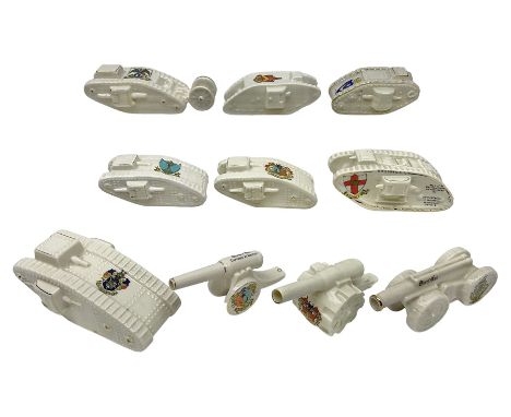 Ten WW1 crested china military models of tanks and field guns; various makers including Goss, Grafton China, Arcadian China, 