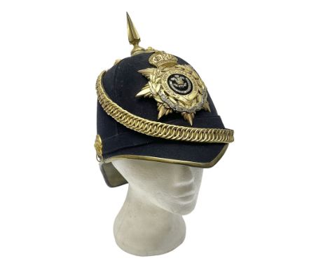 Post-1902 Welsh Regiment Officer's Home Service Blue Cloth Helmet with gilt metal King's crown helmet plate to the front, a r