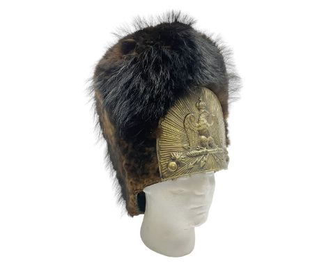French Grenadier's bearskin hat, the embossed brass plate with crowned eagle, flaming grenades and arrow flashes; leather hea
