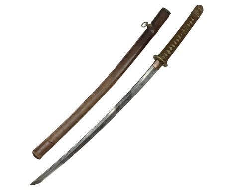 WW2 Japanese Army officer's shin gunto/katana sword with 67cm steel single edged blade, foliate cast brass tsuba, bound fish-