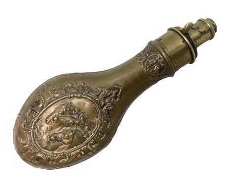 Copper and brass powder flask by G. &amp; J.W. Hawksley Sheffield with embossed panel of 'Pharaohs Horses' to one side H21cmC