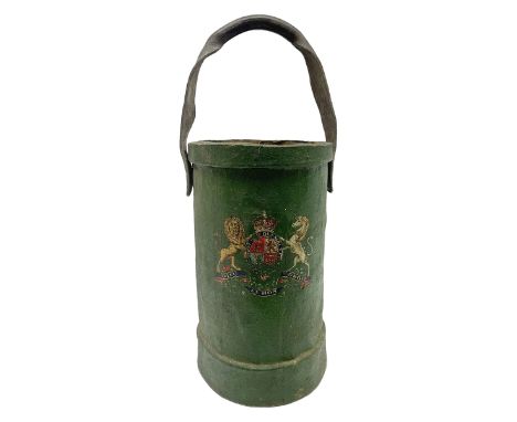 Green painted canvas covered ammunition carrier with Royal Coat of Arms and leather swing handle; probably Naval; H37.5cm not