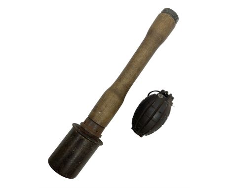 WW1 practice Mills bomb stamped 'A.L. & Co 1917 No.23 Mk.II' H10cm; and reproduction WW2 German stick grenade (2)Condition Re