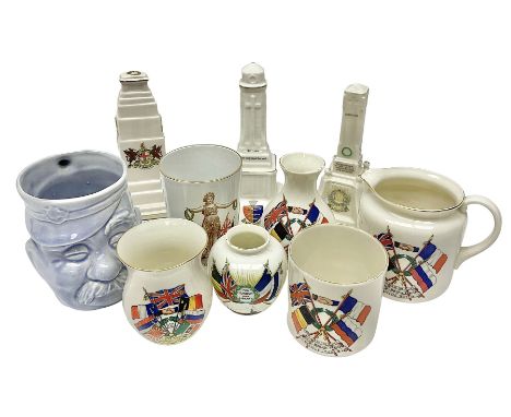 Ten WW1 crested china and other commemorative models including three war memorials/cenotaphs, five 'Flags of the Allies' vase