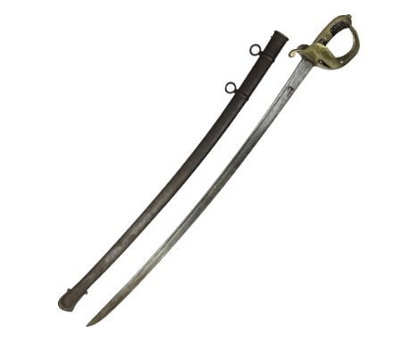 19th Century German (Saxony) Cavalry Sword, the 90.5cm single edge curved steel blade with narrow fuller to the back edge at 