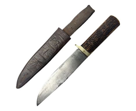 WW2 fighting knife, the 13cm blade by Priestman of Sheffield marked with scout and camp fire motif; two piece antler grip; in