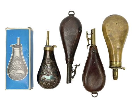 Two brass mounted leather shot flasks with thumb action nozzles; Dixon & Son Improved patent plain copper and brass powder fl