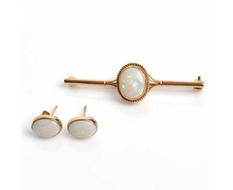 OPAL BAR BROOCH AND EARRINGS
the brooch set with a single oval cabochon opal, in nine carat gold; the earrings each set with 