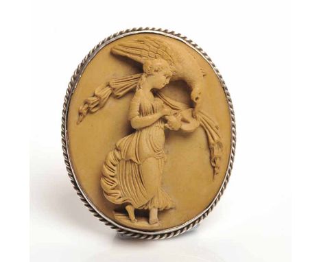 LAVA CAMEO BROOCH
depicting a classical female figure, possibly Persephone, holding a ewer and basin with an eagle behind her