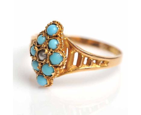 VICTORIAN TURQUOISE AND SEED PEARL RING
of marquise form, with a central seed pearl surrounded by eight cabochon cut turquois