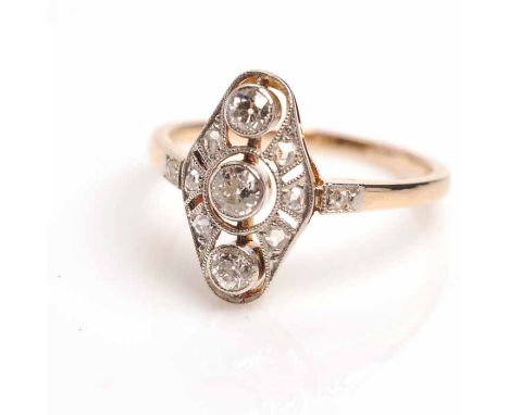 ART DECO STYLE DIAMOND THREE STONE RING
with three graduated brilliant cut diamonds, in pierced boat shaped diamond setting, 