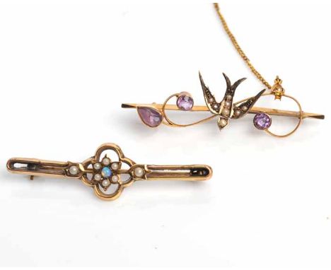 TWO EARLY TWENTIETH CENTURY BAR BROOCHES
one of floral design set with an opal and seed pearls, in nine carat gold, the other