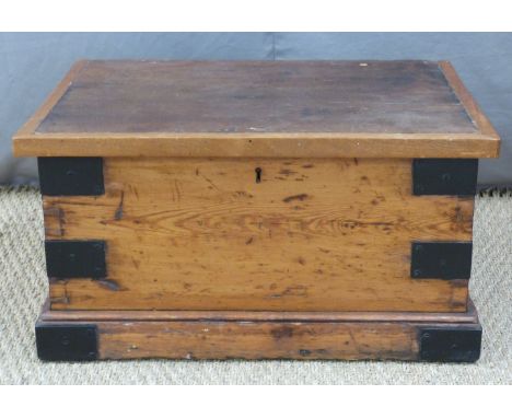 A metal bound pine trunk, W56 x D40 x H30cm