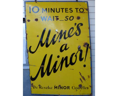 De Reszke Minor cigarettes vintage enamel advertising sign '10 minutes to wait - so mine's a Minor', marked bottom right Pate