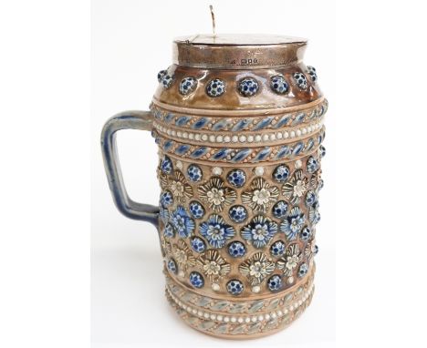 Doulton Lambeth ewer with hallmarked silver mount and hinged lid, dated 1875 and signed Ernest R Bishop, H19cm