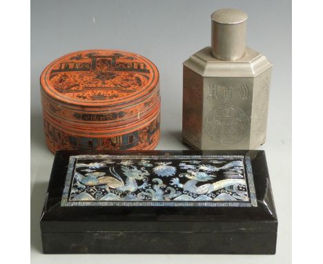 Chinese hardwood box inlaid with mother of pearl, another Chinese lacquer box and a Chinese tea caddy by Kut Hing Pewter Swat