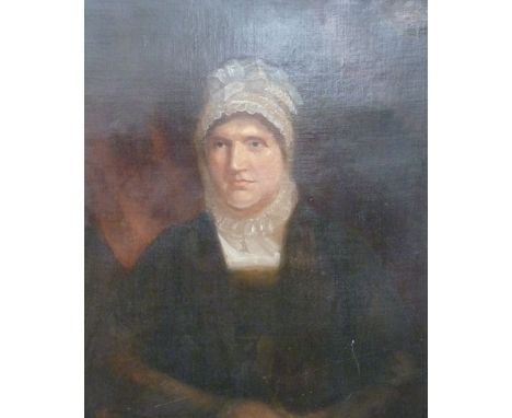 Rollason Matlock Georgian oil on canvas portrait Mrs Bradshaw, lady in lace bonnet, with details verso and dated 1820, 73 x 6