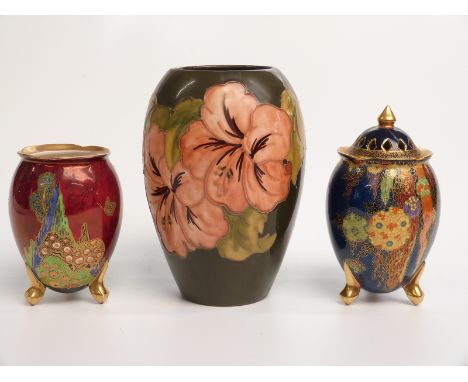 Moorcroft vase and Crown Devon lustre vases, tallest 19cm