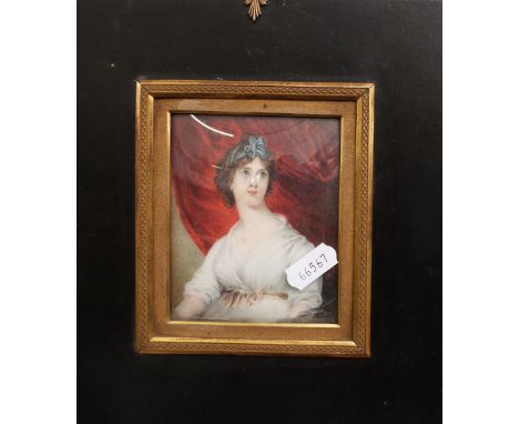 19thC portrait miniature on ivory of a lady, titled verso Mrs G Locke, 9.5 x 8cm in ornate part gilt frame