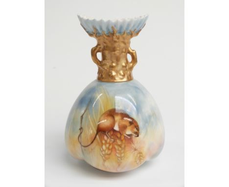 Royal Worcester pedestal twin-handled lobed vase decorated with a dormouse and wheat ears, signed with pseudonym 'Mr Dormouse