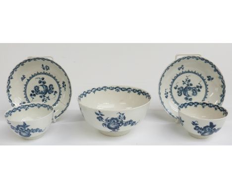 A collection of first period Worcester comprising two tea bowls and saucers and a slop bowl, largest H6cm, D12.2cm