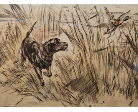 Henry Wilkinson pair of signed limited edition (59/100 and 3/100) coloured etchings of ducks, each 27 x 31cm, and a hunting p