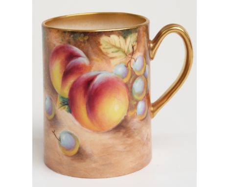 Royal Worcester painted fruit tankard, signature indistinct, H7cm