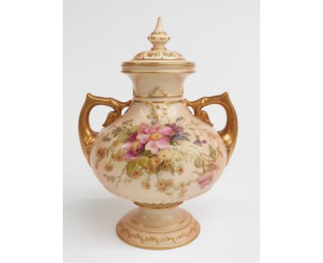 Royal Worcester blush ivory pedestal twin-handled covered pot pourri decorated with flowers, H22cm