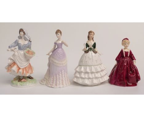 Four Royal Worcester figures comprising 'Emily', 'Debutante', 'Rosie Picking Apples' (2705/9500),&nbsp;and 'Grandmother's Dre