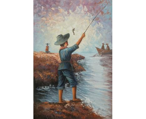 R Sale acrylic on canvas boy fishing with further fishermen beyond, 90 x 60cm, in gilt frame