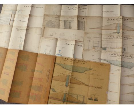 Thirteen early 20th century coloured architectural and engineering drawings relating to Kennick reservoir, Dartmoor, includin