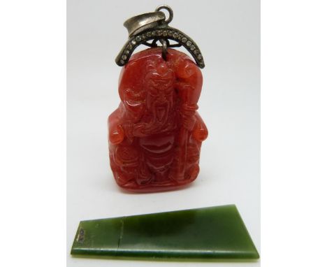 Chinese pendant with a white metal pendant mount set with paste and a nephrite jade plaque&nbsp;