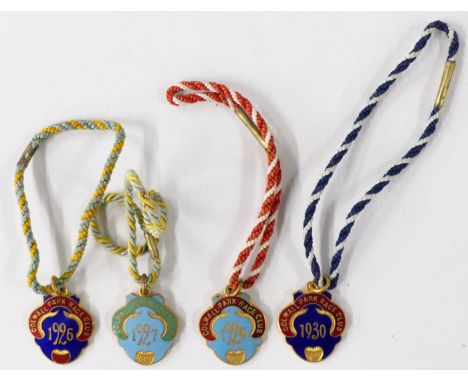 Four 1920s/30s Colwall Park Race Club enamel members' badges comprising 1926, 1927, 1929 and 1930, each numbered to rear&nbsp