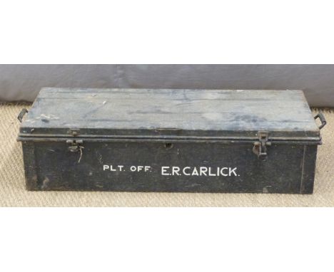 Black painted metal travelling trunk, painted to front with name Plt Off E.R.Carlick, L107 x D43 x H26cm&nbsp;