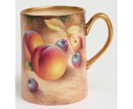 Royal Worcester painted fruit tankard, signature indistinct, H7cm