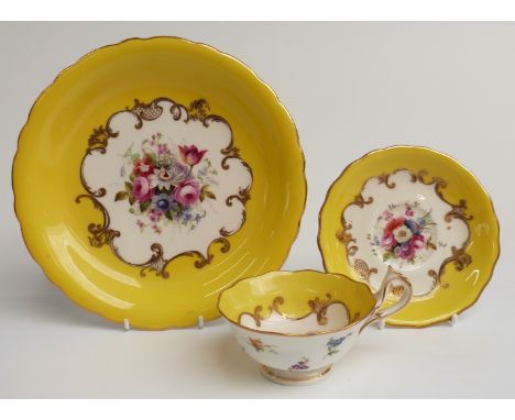 Royal Worcester cabinet cup, saucer and bowl hand-decorated with floral panels on a yellow ground, all signed E Phillips, lar